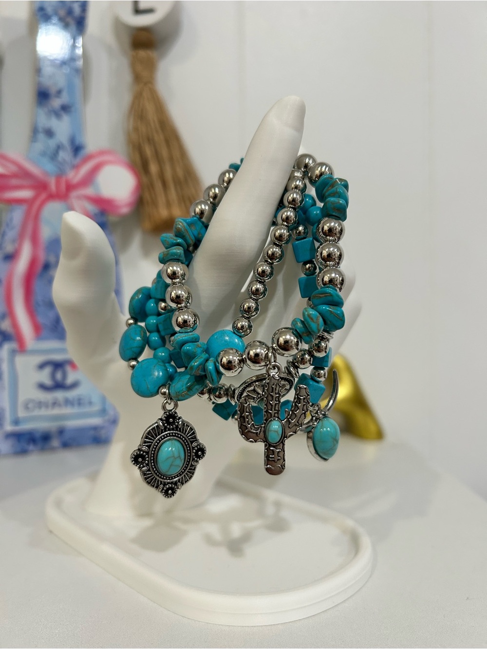 Turquoise Bead and Silver Charm Bracelet Stack of 4